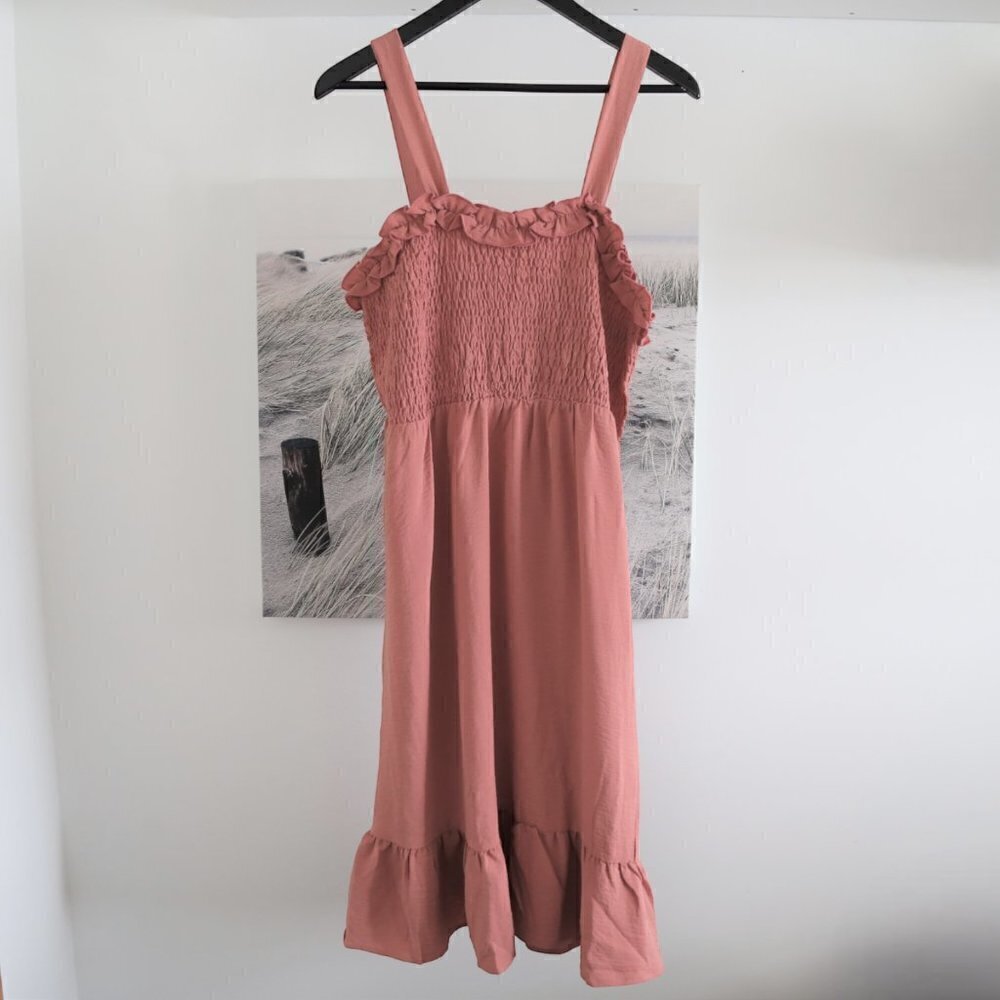 Shein Curve Barbie Shirred Ruffle Hem Textured Cami Dusty Pink Dress Size 1XL